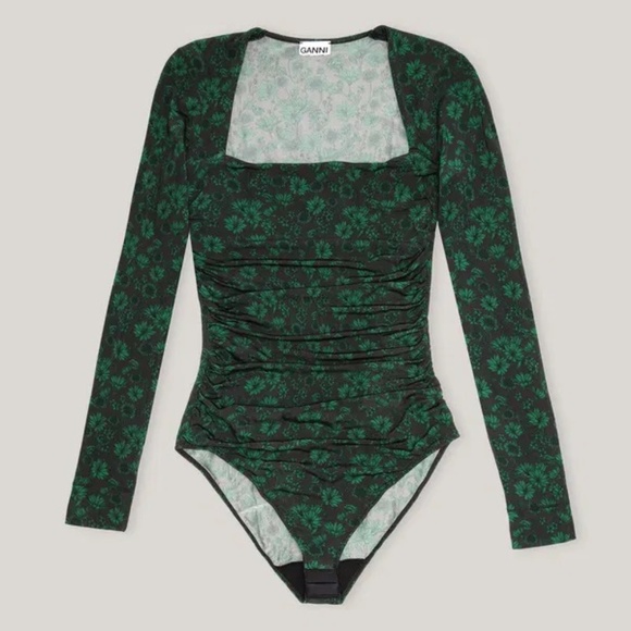 Ganni Tops - NWT GANNI Stretch Dark Green Floral Square Neck Bodysuit - Size Medium